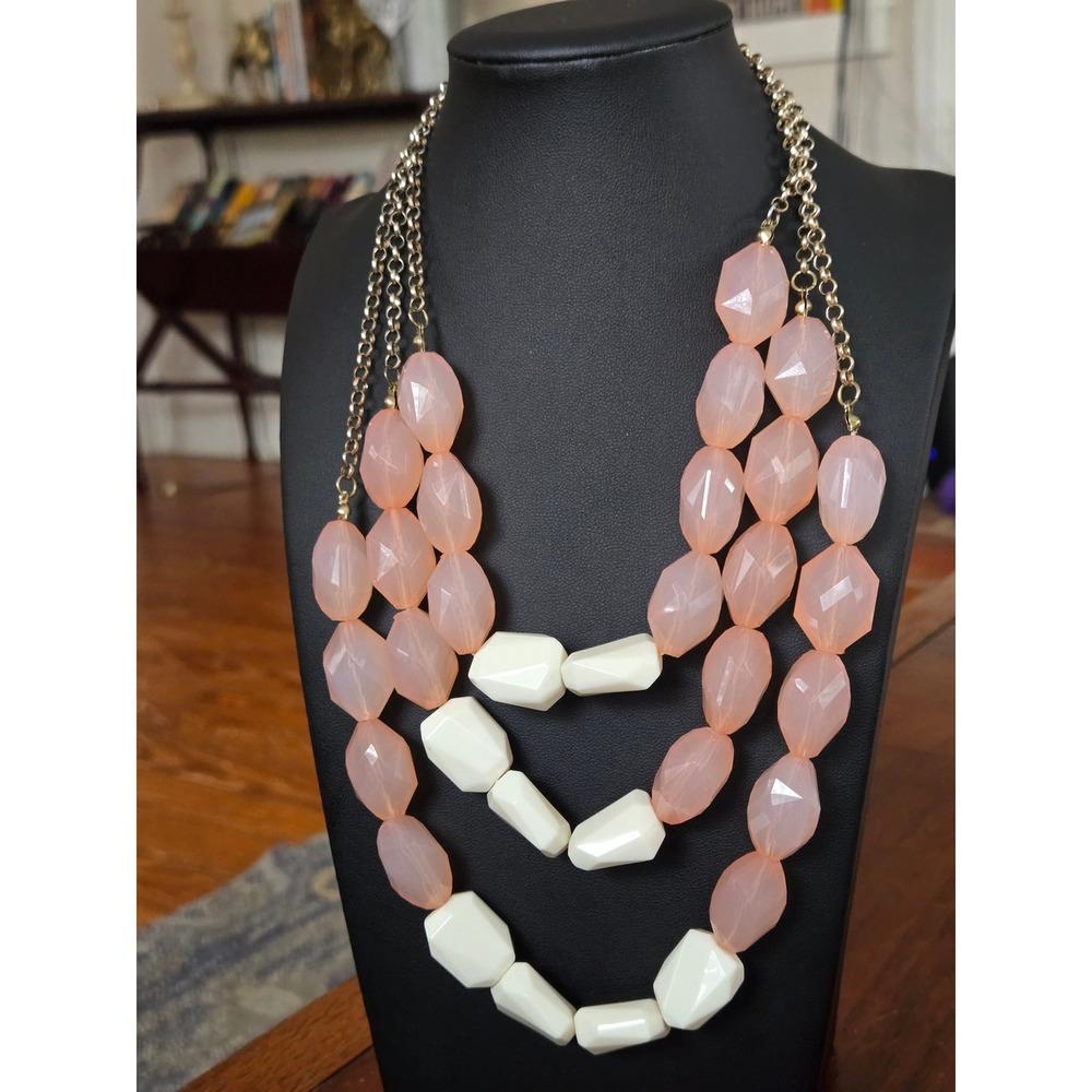 Acrylic or Lucite Pink White Beaded Necklace Multi-Strand  Vintage